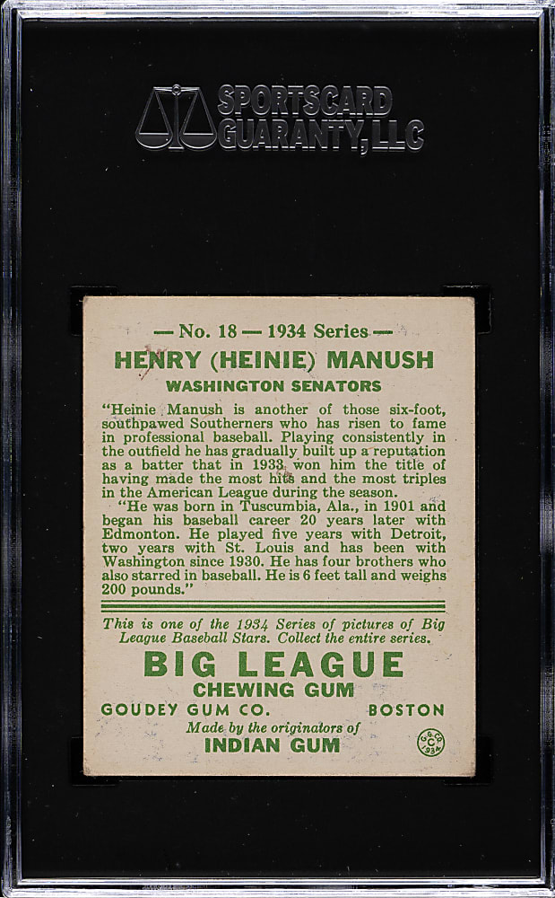 1934 R320 Goudey #18 Heinie Manush SGC VG/EX 4