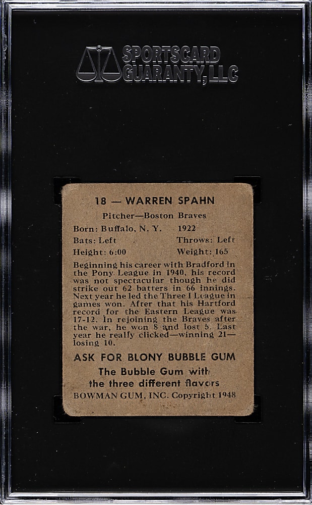 1948 Bowman #18 Warren Spahn Rookie SGC POOR 1
