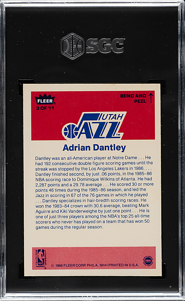 1986-1987 Fleer Basketball Sticker #3 Adrian Dantley SGC MINT 9