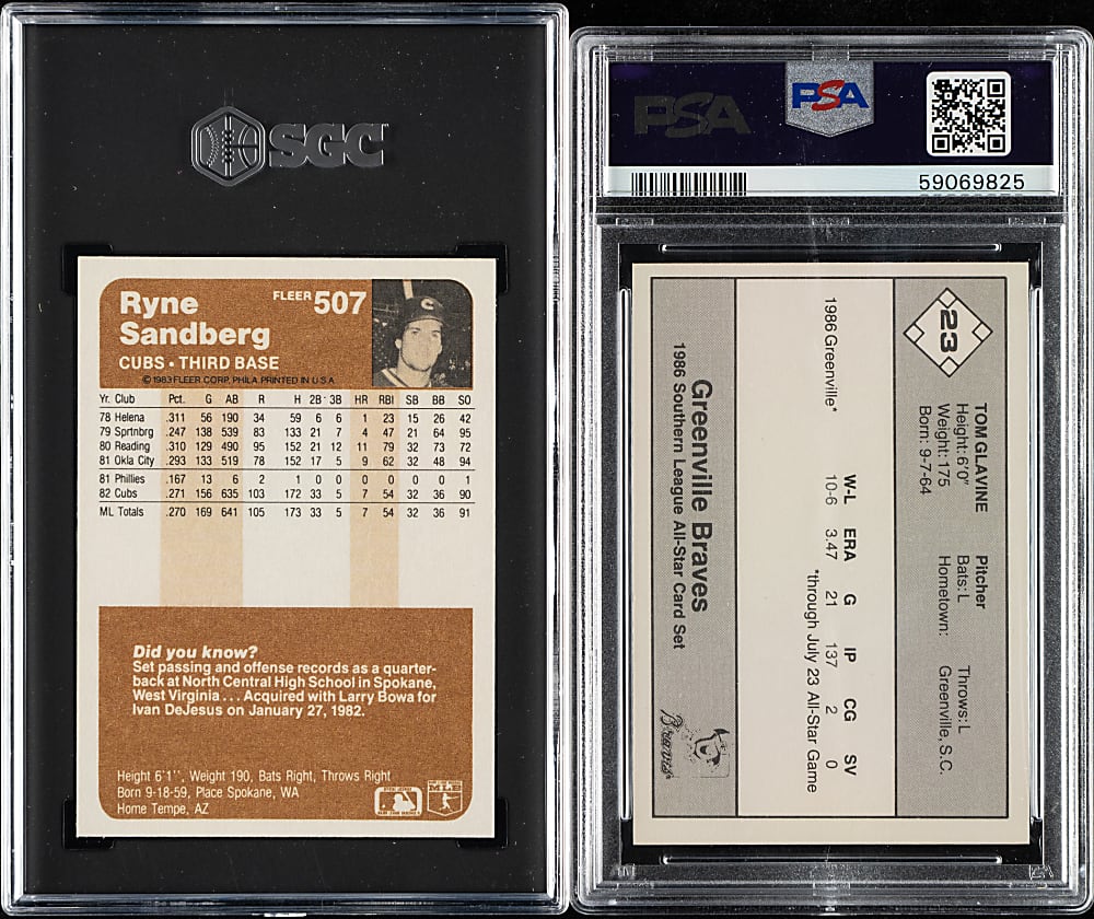 1983 and 1986 Fleer and Don Jennings PSA- and SGC-Graded Pair: Ryne Sandberg and Tom Glavine Rookies
