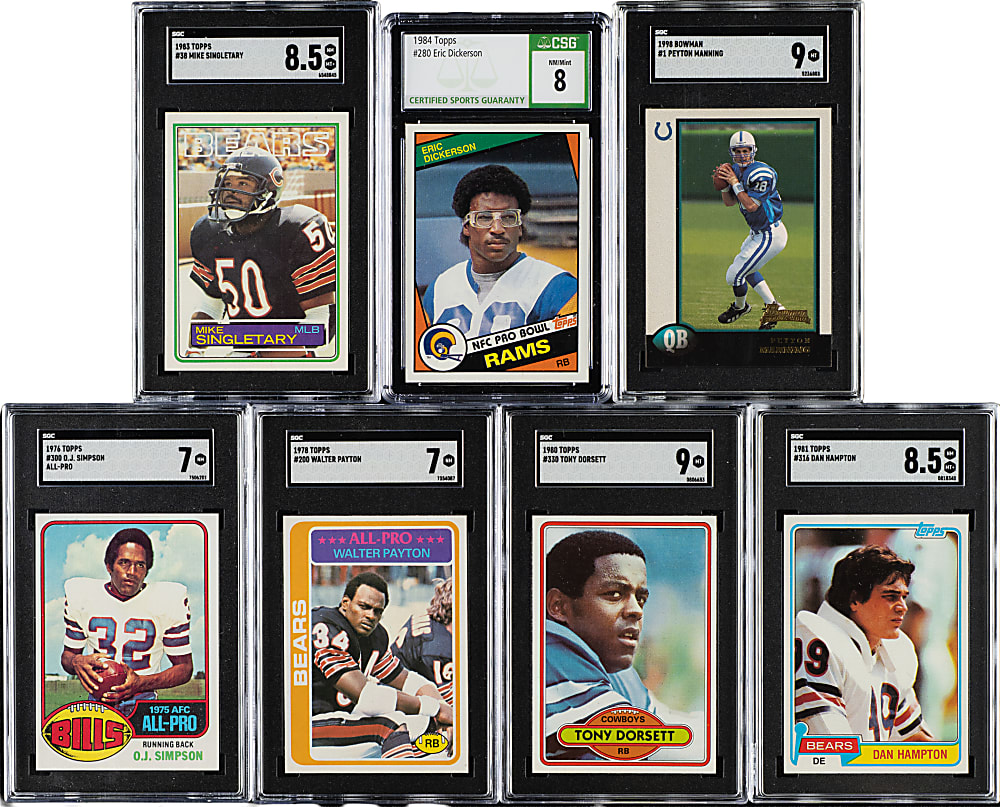 1976 to 1998 Topps and Bowman Football Hall of Fame SGC- and CSG-Graded Collection (7) Including Peyton Manning Rookie
