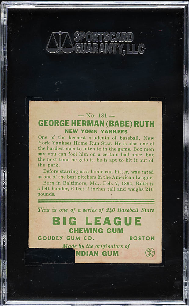 1933 R319 Goudey #181 Babe Ruth SGC Authentic