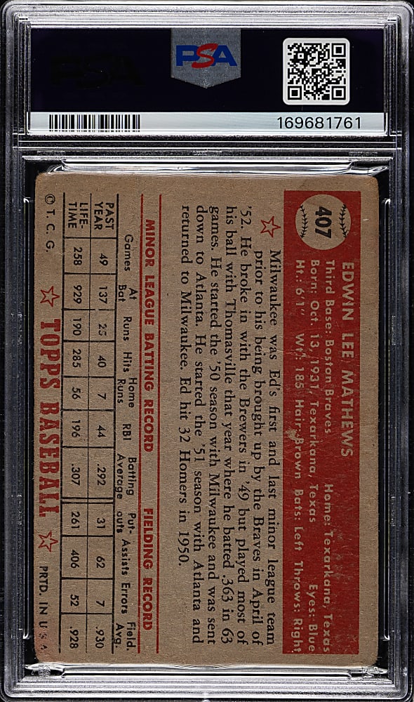 1952 Topps #407 Ed Mathews Rookie High Number PSA Authentic