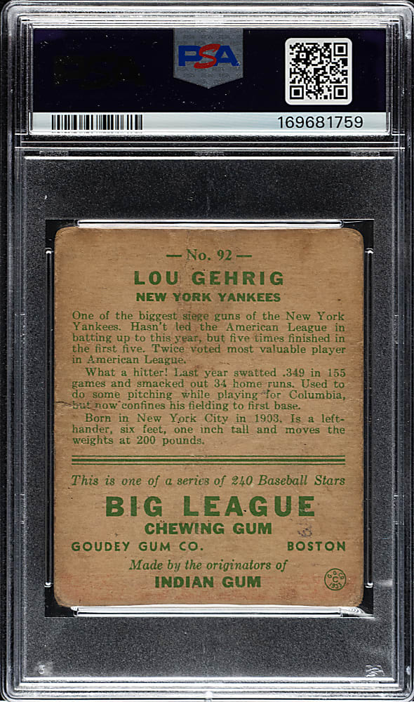 1933 R319 Goudey #92 Lou Gehrig PSA POOR 1
