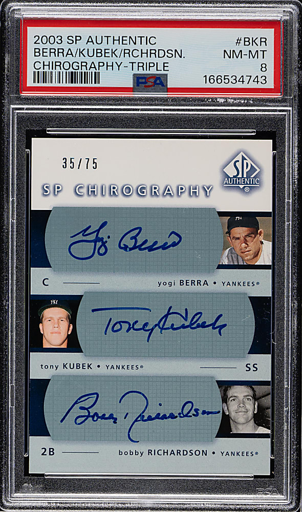 2003 Upper Deck SP Authentic Chirography #BKR Yogi Berra/Kubek/Richardson Triple #35/75 PSA NM-MT 8