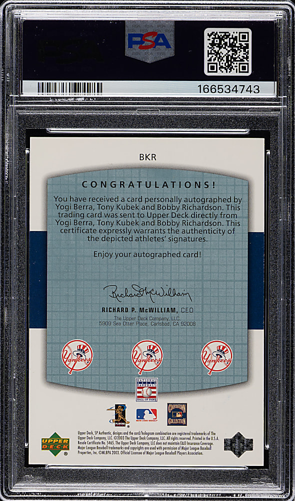 2003 Upper Deck SP Authentic Chirography #BKR Yogi Berra/Kubek/Richardson Triple #35/75 PSA NM-MT 8