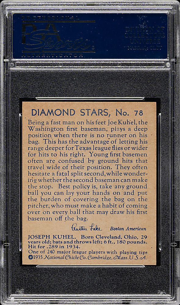 1934-1936 R327 Diamond Stars #78 Joe Kuhel (1935 Blue Back) PSA NM-MT 8