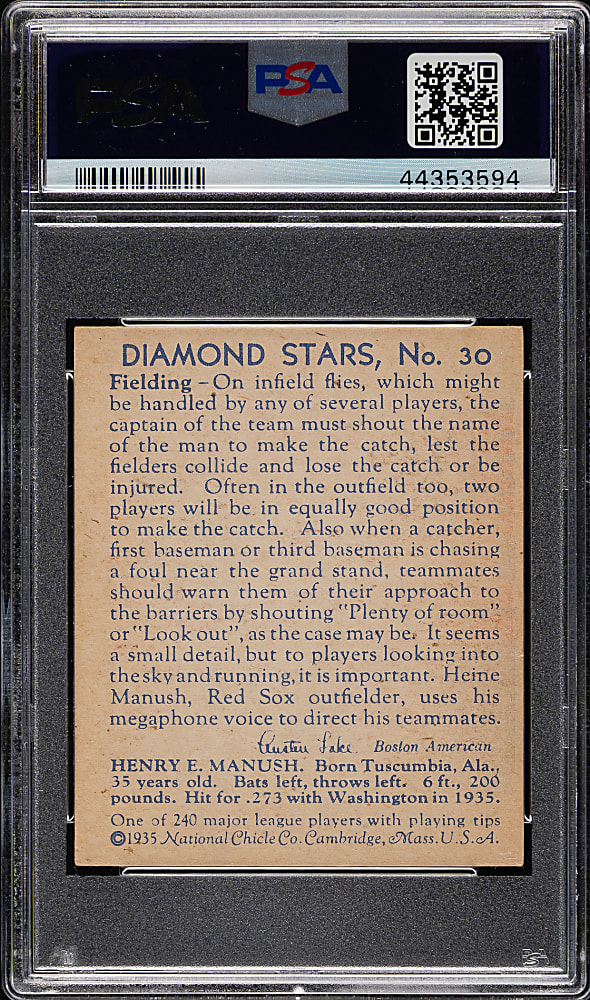 1934-1936 R327 Diamond Stars #30 Heinie Manush No "W" on Sleeve (1936 Blue Back) PSA EX-MT 6