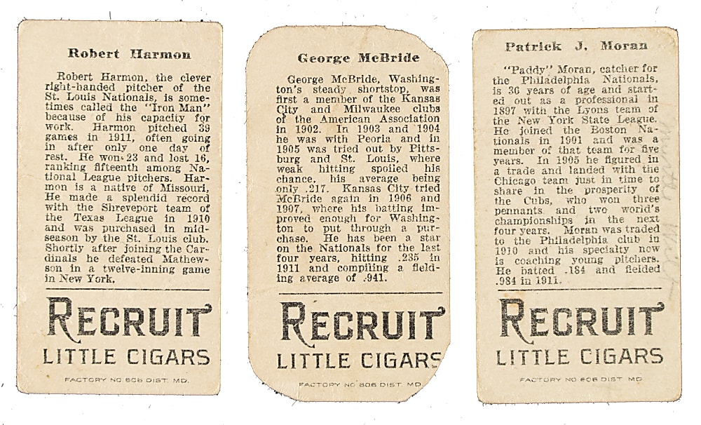 1912 T207 Brown Background Trio: Robert Harmon, George McBride, and Patrick Moran