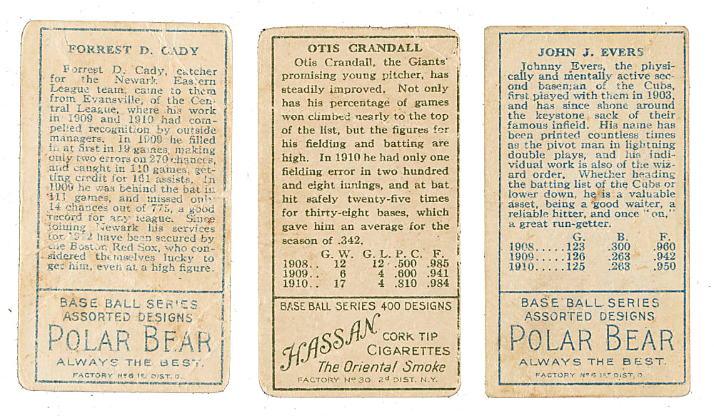 1911 T205 Gold Border Trio: Hick Cady, Otis Crandall, and Johnny Evers