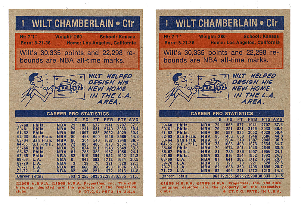 1972-1973 Topps Basketball #1 Wilt Chamberlain Pair