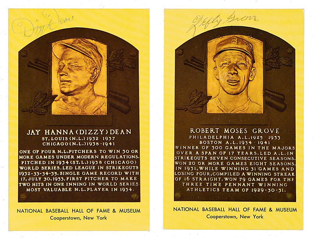 Signed Yellow Hall of Fame Postcard Pair: Dizzy Dean and Lefty Grove - JSA