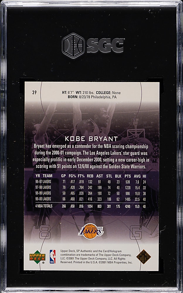 2000-2001 Upper Deck SP Authentic Basketball #39 Kobe Bryant SGC GEM MINT 10