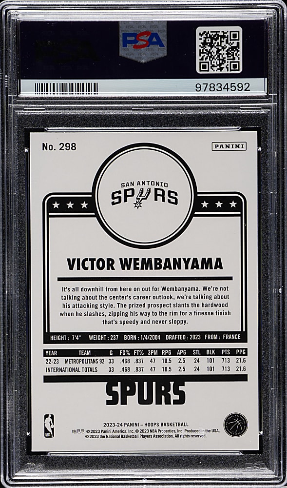 2023-2024 Panini NBA Hoops Basketball #298 Victor Wembanyama Rookie PSA GEM MINT 10