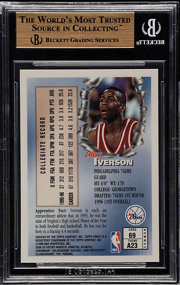 1996-1997 Topps Finest Basketball #69 Allen Iverson Rookie BGS GEM MINT 9.5