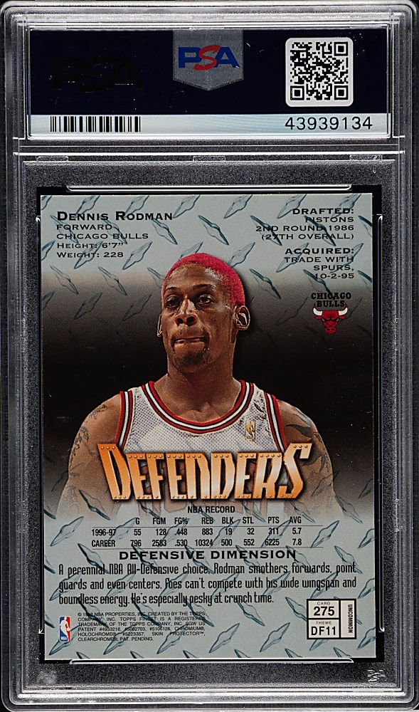 1997-1998 Topps Finest Basketball #275 Dennis Rodman with Coating PSA GEM MINT 10