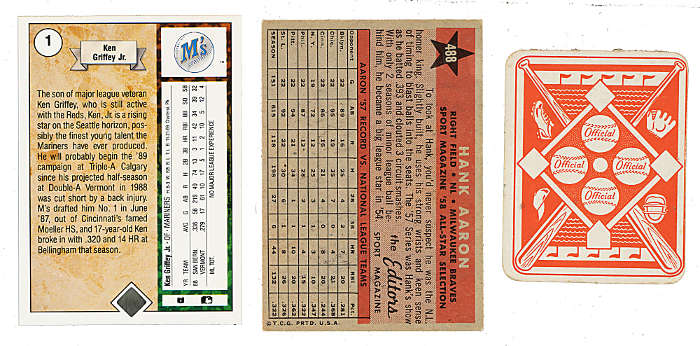 1951 to 1989 Topps, Topps Red Back, and Upper Deck Hall of Fame Trio: Gil Hodges, Hank Aaron, and Ken Griffey Jr. Rookie