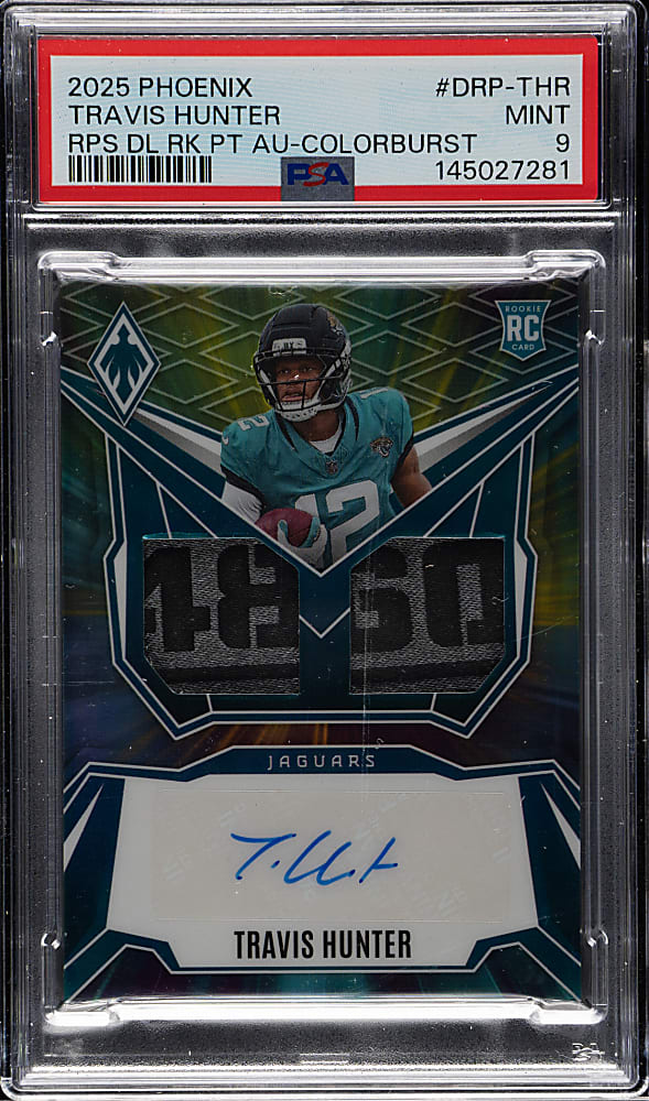 2025 Panini Phoenix Football RPS Dual Rookie Patch Autographs #DRP-THR Travis Hunter Colorburst #13/25 PSA MINT 9