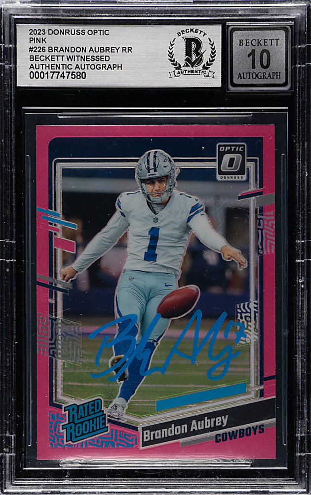 Signed 2023 Donruss Optic Football #226 Brandon Aubrey Pink Beckett GEM MINT 10