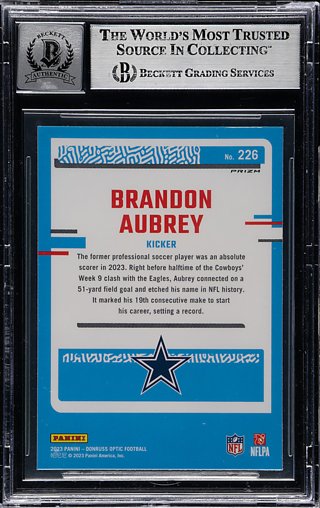 Signed 2023 Donruss Optic Football #226 Brandon Aubrey Pink Beckett GEM MINT 10