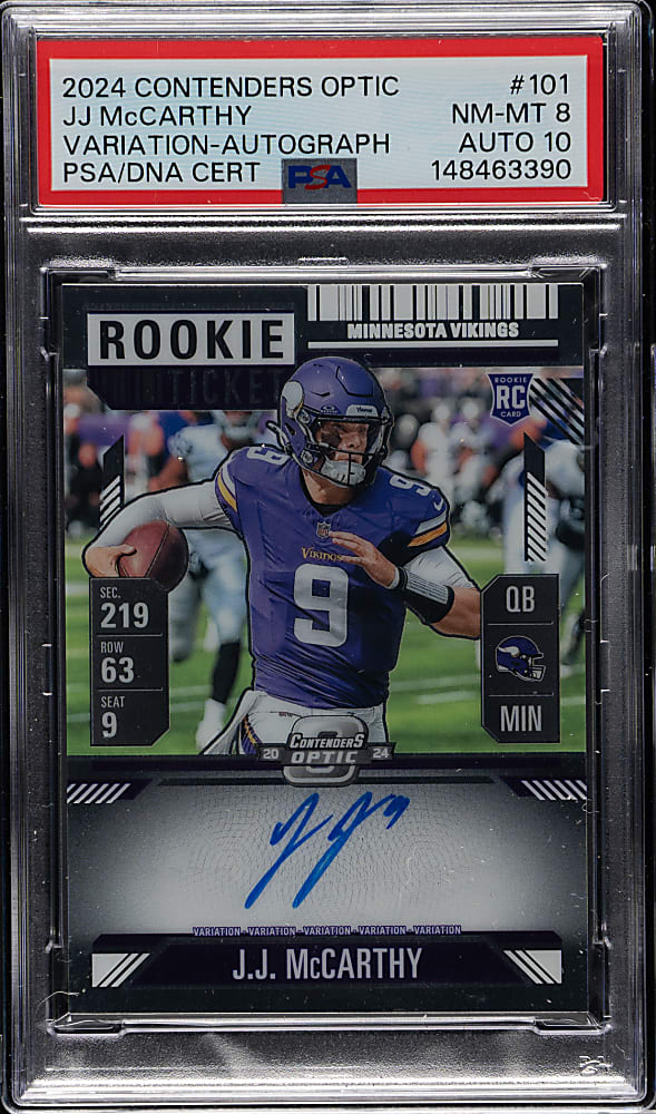 2024 Panini Contenders Conference Ticket Football Autographs #101 J.J. McCarthy Variation PSA NM-MT 8 with GEM MINT 10 Signature