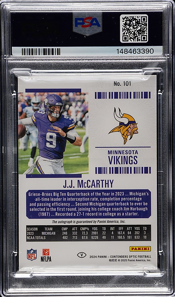 2024 Panini Contenders Conference Ticket Football Autographs #101 J.J. McCarthy Variation PSA NM-MT 8 with GEM MINT 10 Signature