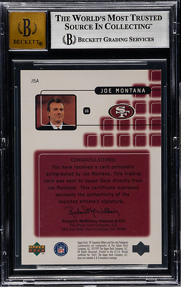 1999 SP Signature Montana Signature Performances #J5A Joe Montana BGS NM-MT 8 with GEM MINT 10 Signature