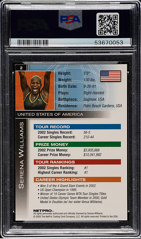 2003 NetPro International Series Tennis #2 Serena Williams PSA GEM MINT 10
