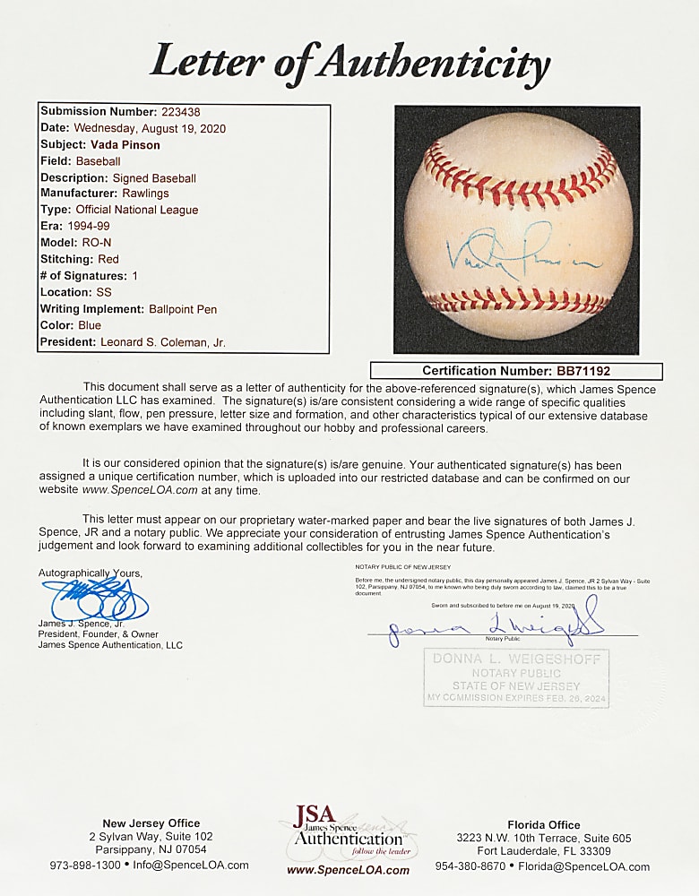 Vada Pinson Single-Signed Baseball - JSA