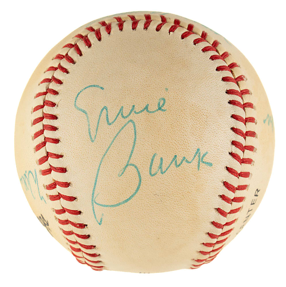 Hall of Fame Multi-Signed Baseball with Hank Aaron, Johnny Bench, and Ernie Banks