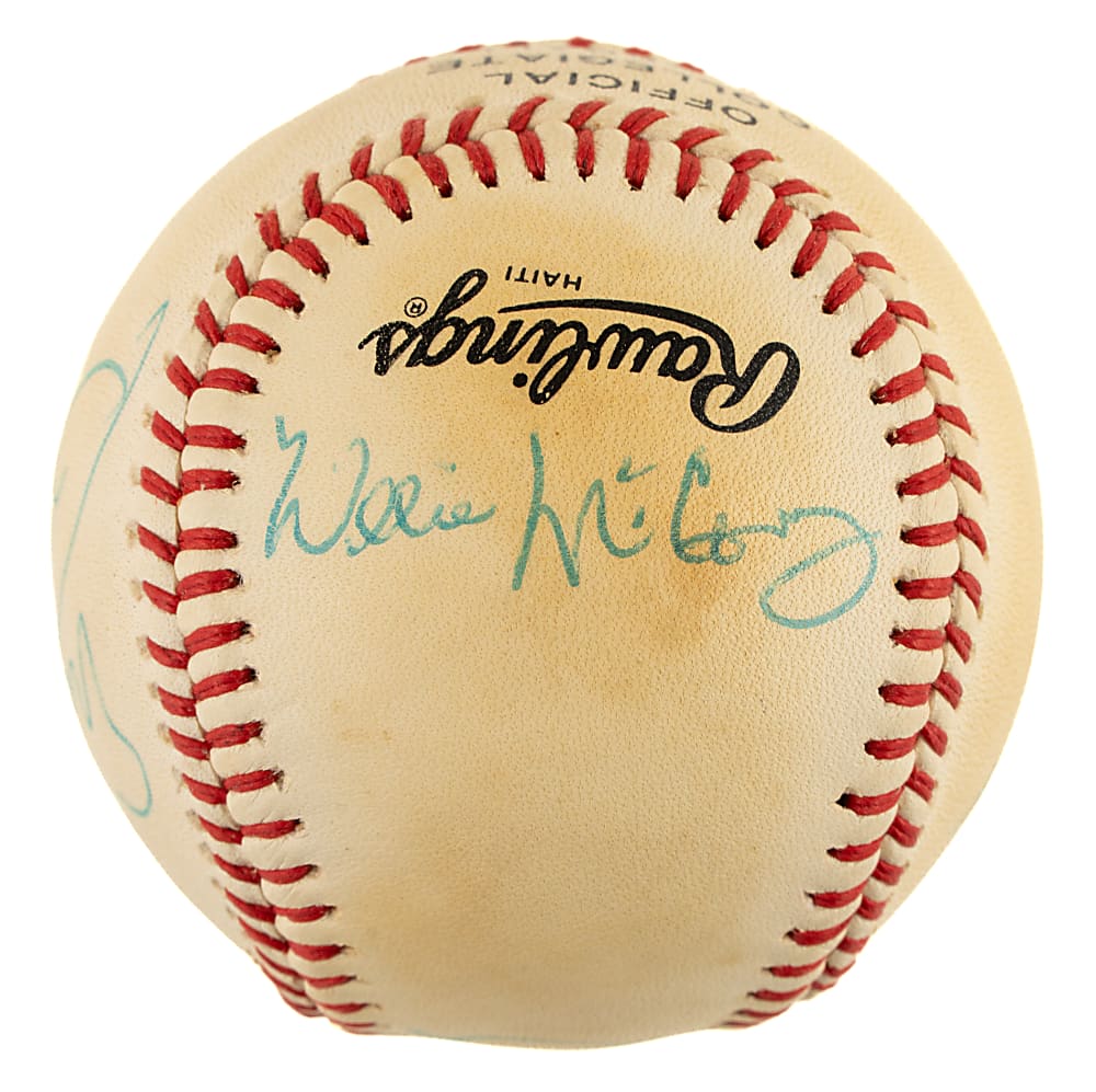 Hall of Fame Multi-Signed Baseball with Hank Aaron, Johnny Bench, and Ernie Banks