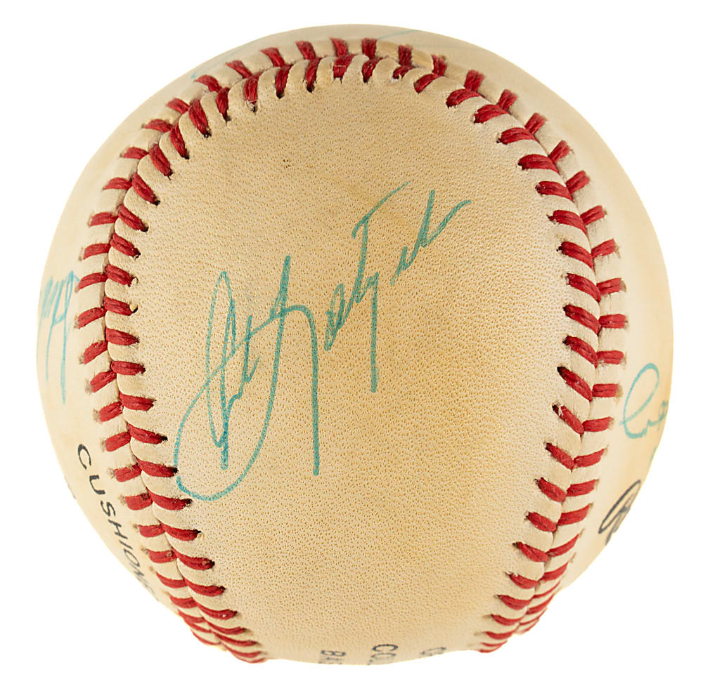 Hall of Fame Multi-Signed Baseball with Hank Aaron, Johnny Bench, and Ernie Banks