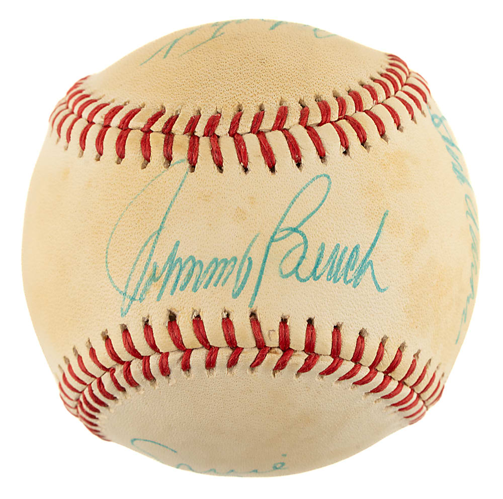 Hall of Fame Multi-Signed Baseball with Hank Aaron, Johnny Bench, and Ernie Banks