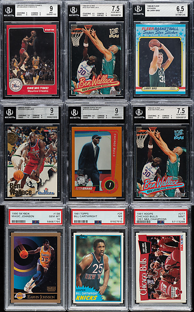 1981 to 1999 Topps, Star, and Fleer Basketball Hall of Fame and Stars PSA- and BGS-Graded Collection (9) Including Larry Bird, Magic Johnson, and two Ben Wallace Rookies
