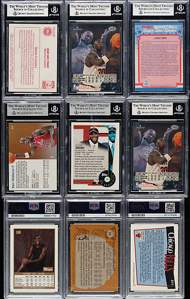 1981 to 1999 Topps, Star, and Fleer Basketball Hall of Fame and Stars PSA- and BGS-Graded Collection (9) Including Larry Bird, Magic Johnson, and two Ben Wallace Rookies