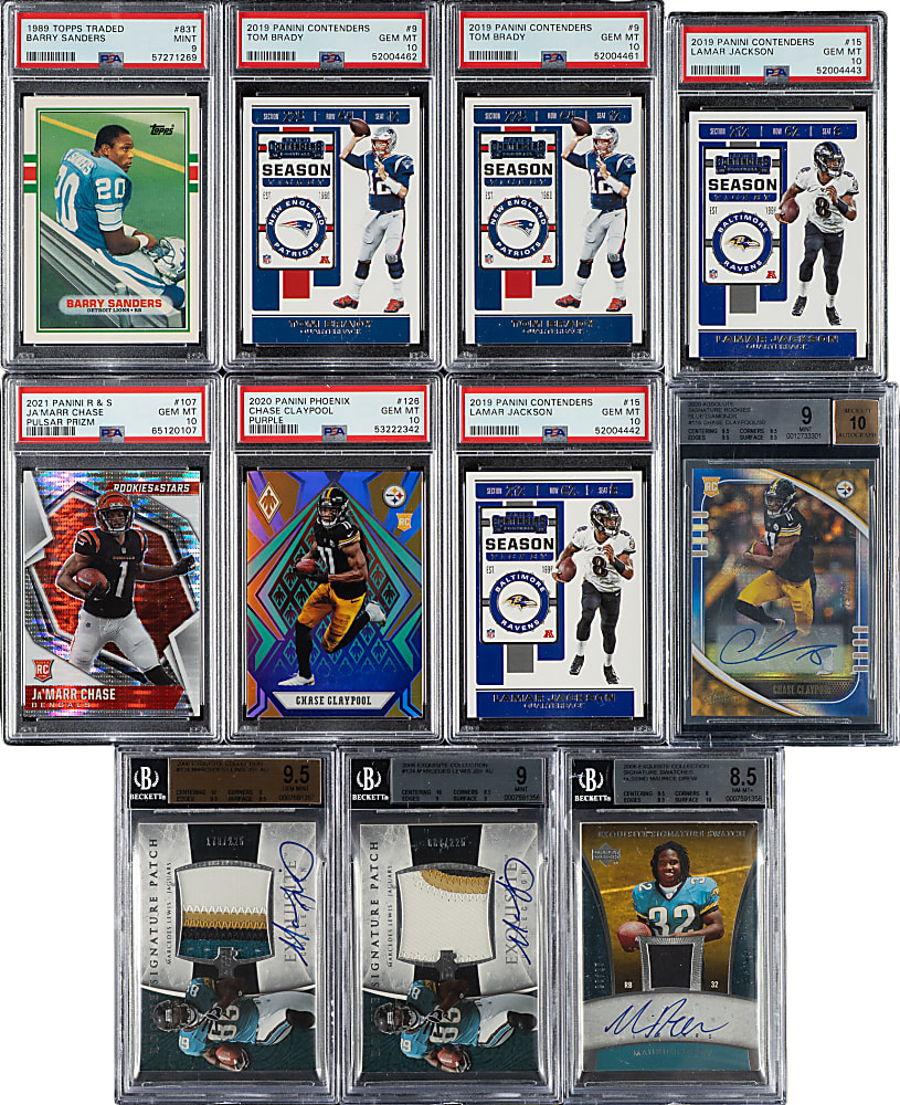 1988 to 2021 Topps, Panini, Upper Deck Football Hall of Fame and Stars PSA- and BGS-Graded Collection (15) Including Brett Favre, Barry Sanders, and Jerry Rice