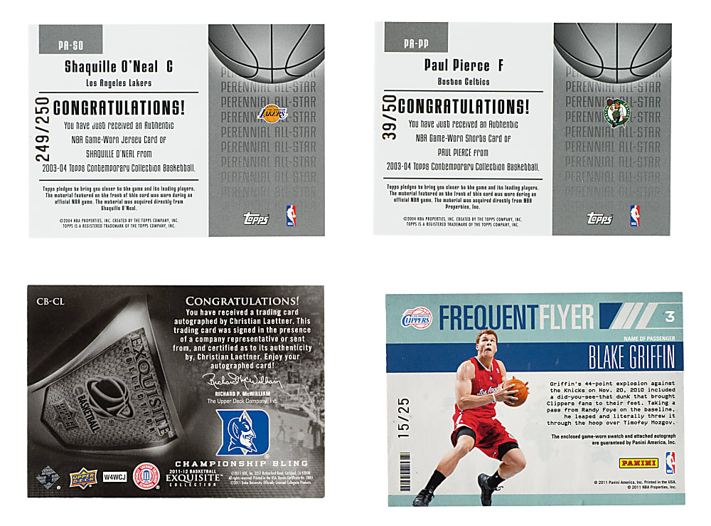 2003 to 2021 Upper Deck, Topps, and Panini Basketball Autograph and Relic Collection (9) Including Blake Griffin, Paul Pierce, and Shaquille O'Neal