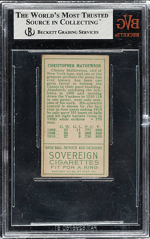 1911 T205 Gold Border Christy Mathewson BVG G-VG 2.5 - Sovereign Back