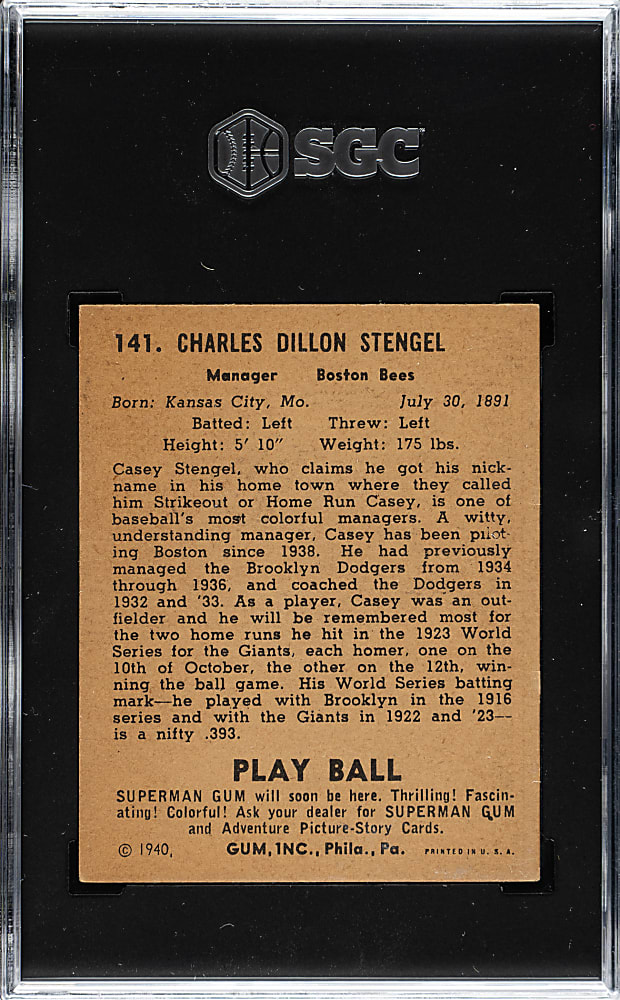 1940 R335 Play Ball #141 Casey Stengel SGC VG/EX+ 4.5