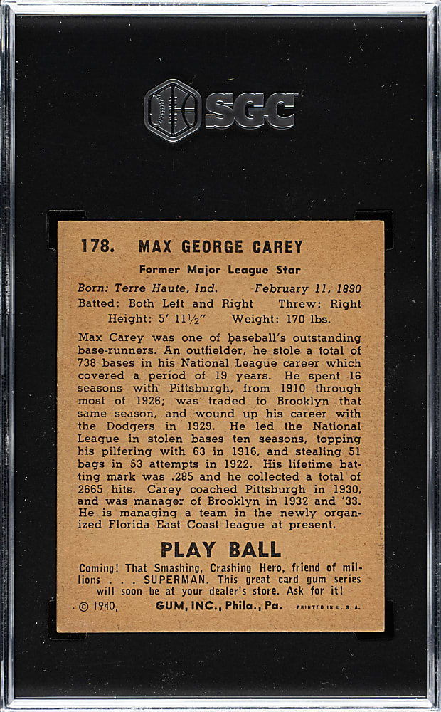 1940 R335 Play Ball #178 Max Carey SGC EX 5