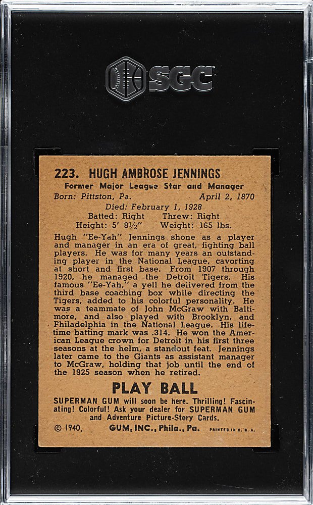 1940 R335 Play Ball #223 Hugh Jennings SGC EX 5