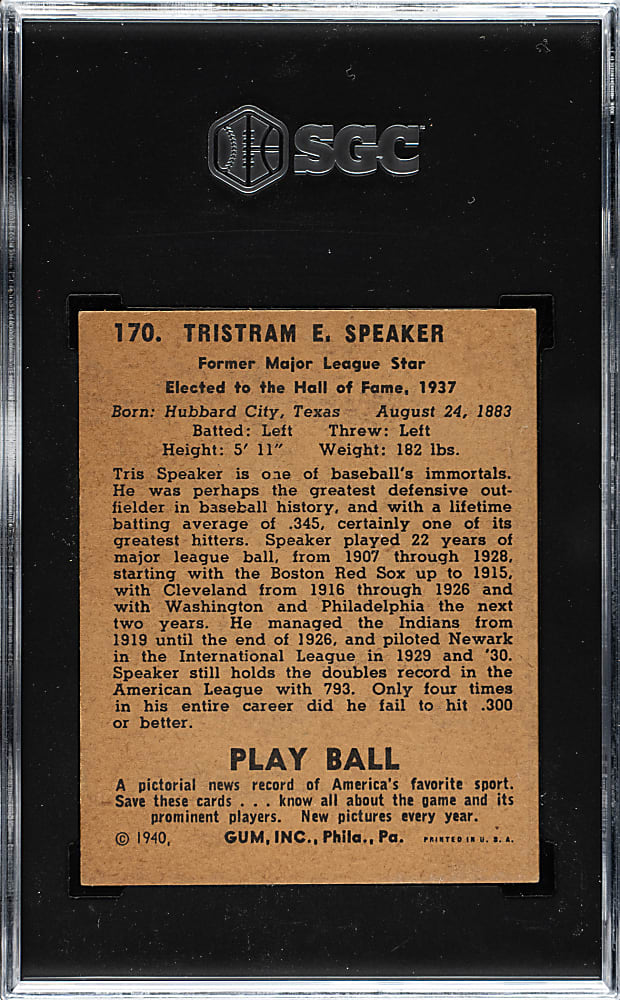 1940 R335 Play Ball #170 Tris Speaker SGC EX 5