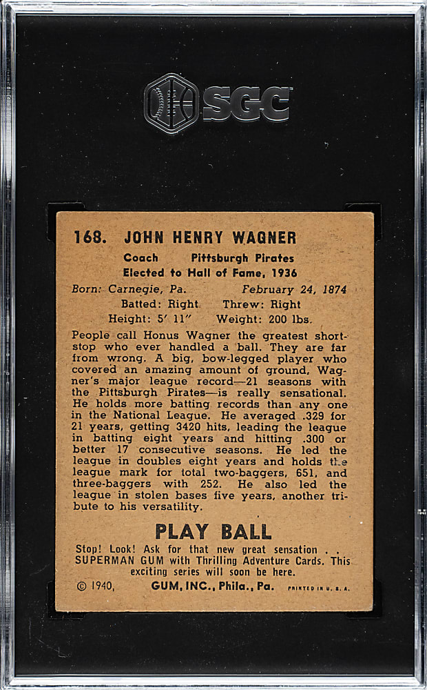 1940 R335 Play Ball #168 Honus Wagner SGC VG/EX 4