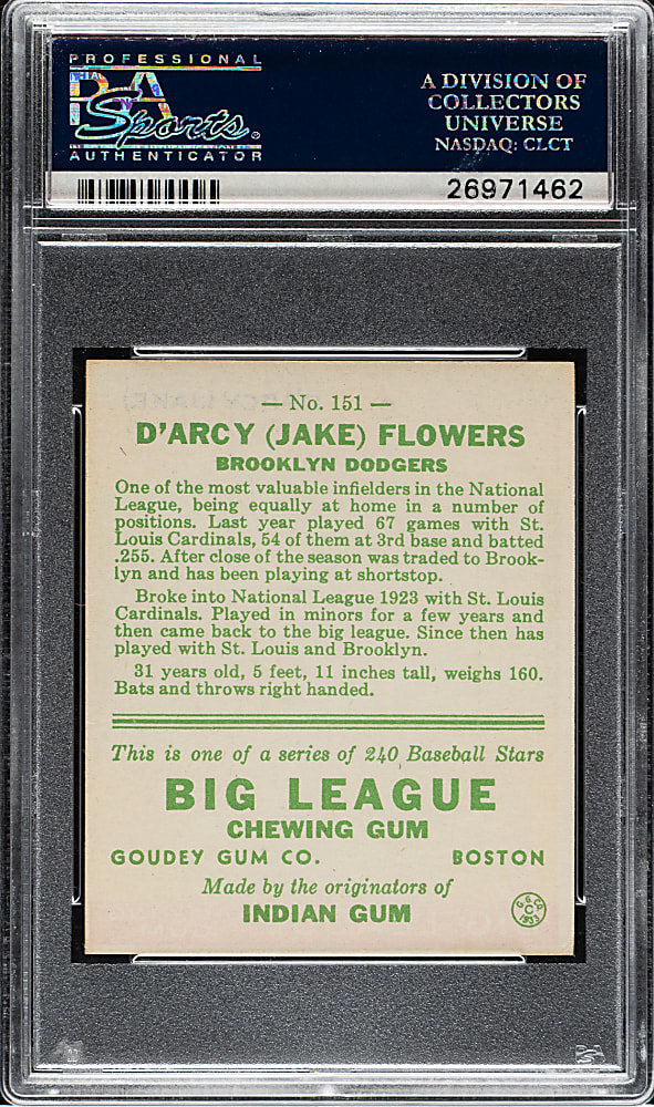 1933 R319 Goudey #151 Jake Flowers PSA EX-MT 6