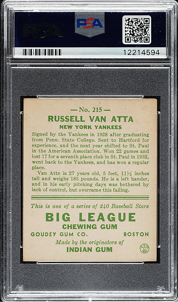 1933 R319 Goudey #215 Russell Van Atta PSA EX-MT 6