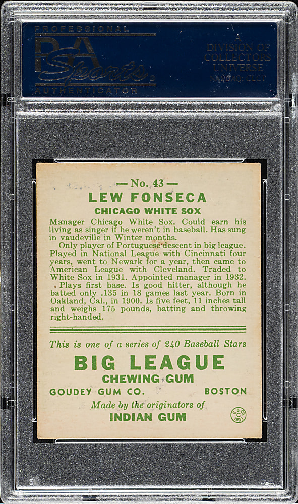 1933 R319 Goudey #43 Lew Fonseca PSA EX 5