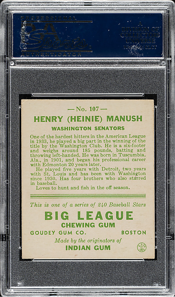 1933 R319 Goudey #107 Heinie Manush PSA VG-EX+ 4.5