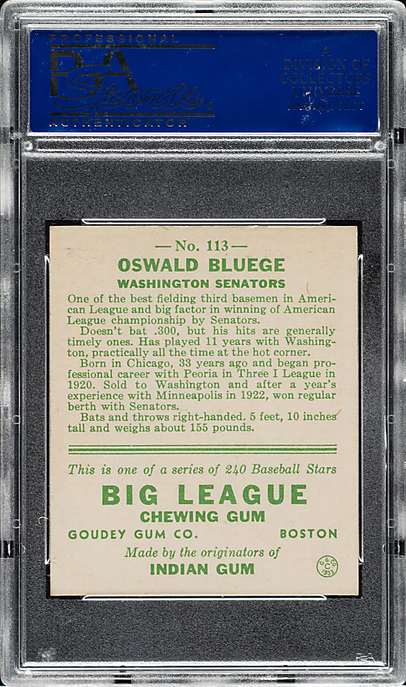 1933 R319 Goudey #113 Oswald Bluege PSA EX-MT 6