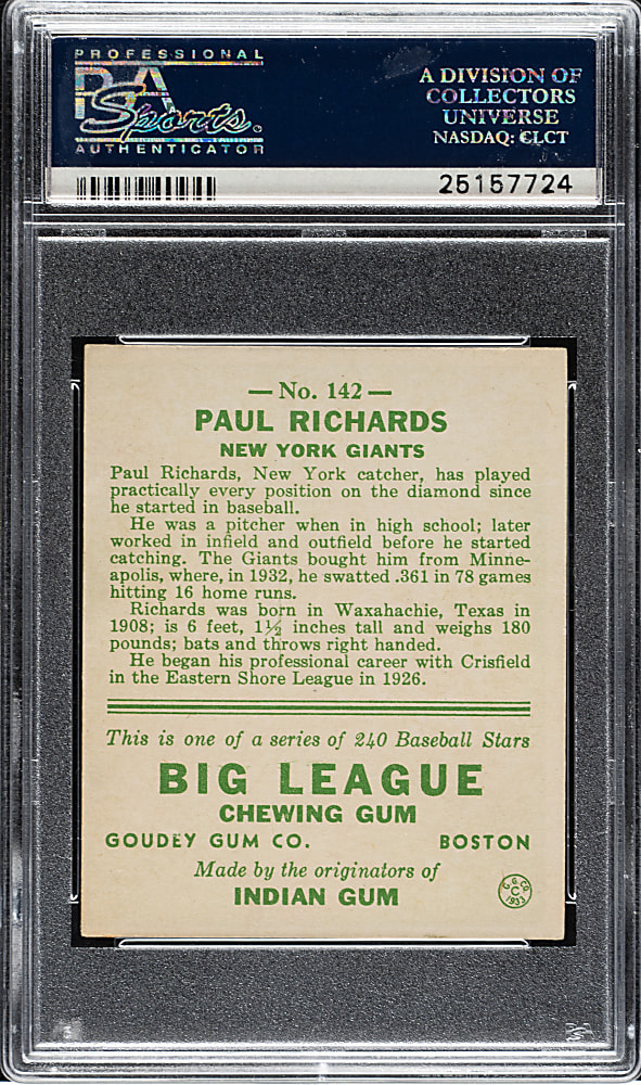 1933 R319 Goudey #142 Paul Richards PSA EX-MT 6