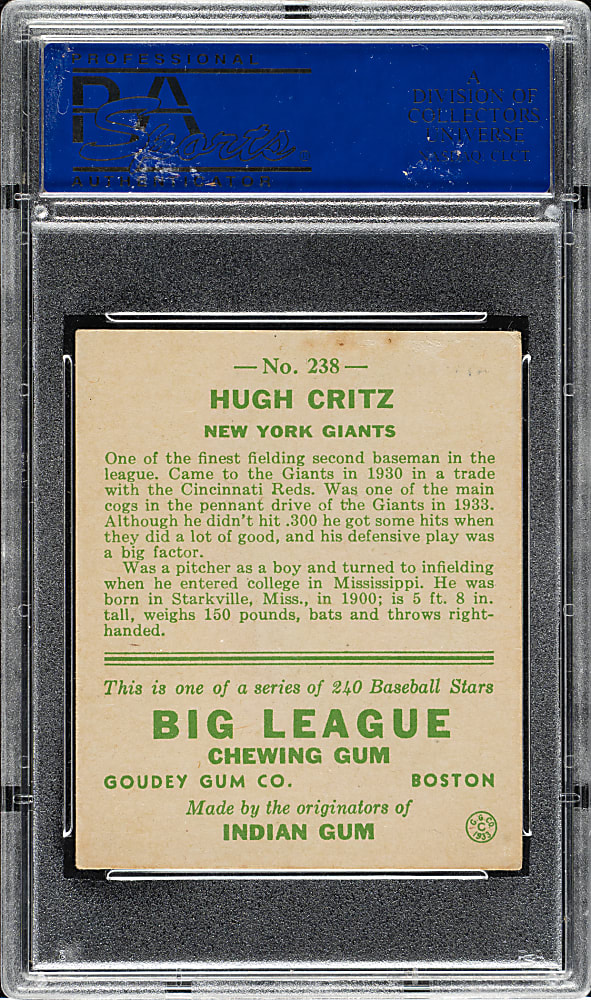 1933 R319 Goudey #238 Hugh Critz PSA EX 5